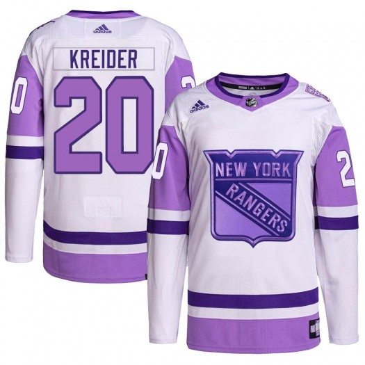 Chris Kreider New York Rangers Youth Adidas Authentic White/Purple Hockey Fights Cancer Primegreen Jersey