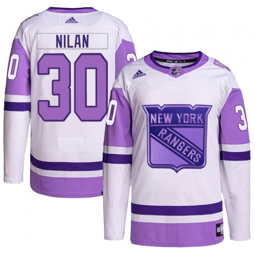 Chris Nilan New York Rangers Men's Adidas Authentic White/Purple Hockey Fights Cancer Primegreen Jersey