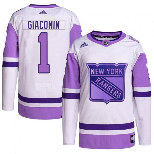 Eddie Giacomin New York Rangers Men's Adidas Authentic White/Purple Hockey Fights Cancer Primegreen Jersey