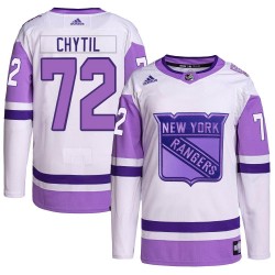 Filip Chytil New York Rangers Youth Adidas Authentic White/Purple Hockey Fights Cancer Primegreen Jersey