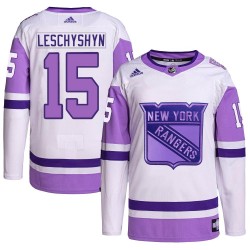 Jake Leschyshyn New York Rangers Youth Adidas Authentic White/Purple Hockey Fights Cancer Primegreen Jersey