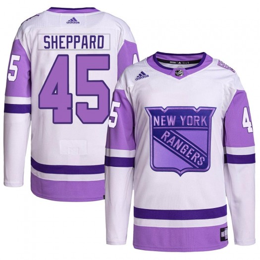 James Sheppard New York Rangers Youth Adidas Authentic White/Purple Hockey Fights Cancer Primegreen Jersey