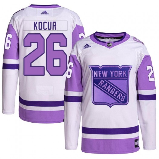 Joey Kocur New York Rangers Youth Adidas Authentic White/Purple Hockey Fights Cancer Primegreen Jersey