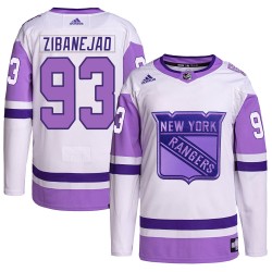 Mika Zibanejad New York Rangers Youth Adidas Authentic White/Purple Hockey Fights Cancer Primegreen Jersey