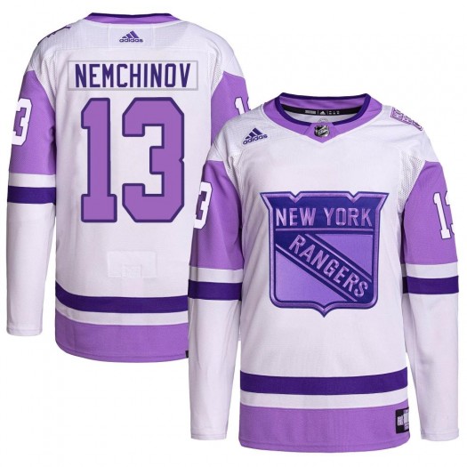 Sergei Nemchinov New York Rangers Men's Adidas Authentic White/Purple Hockey Fights Cancer Primegreen Jersey